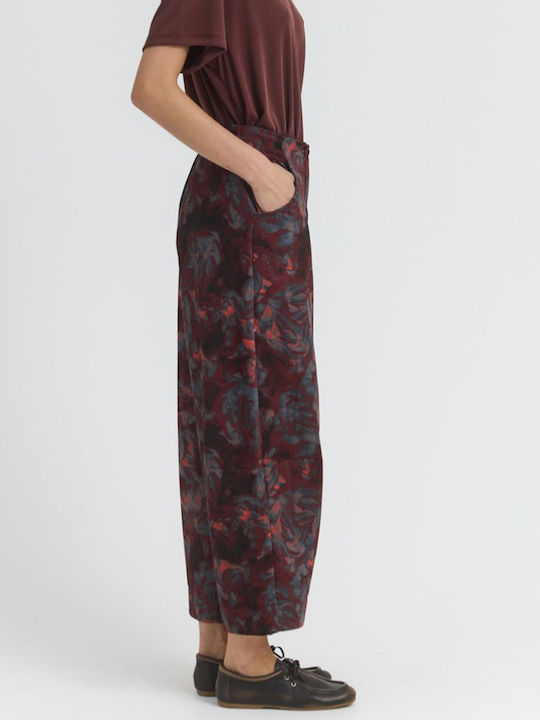 Women's Fabric Trousers in Balloon Fit Floral Wine