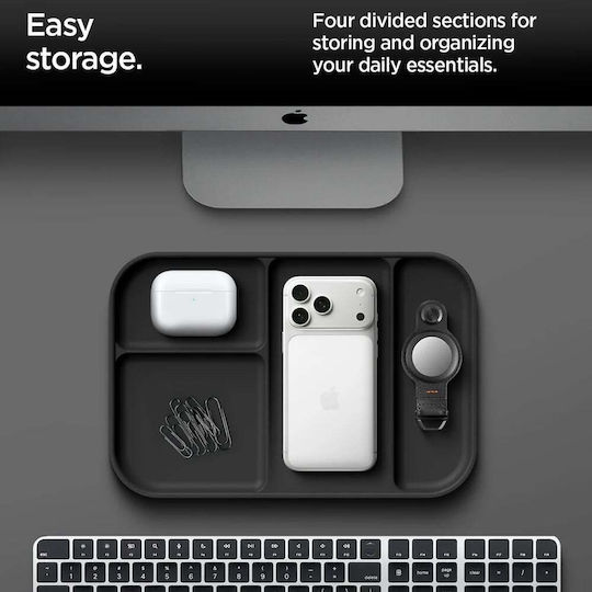 Spigen Ld403 Ahp10136 Organizer Tray with Four Compartments and Phone Holder, Non-Slip Polyurethane Base, Black