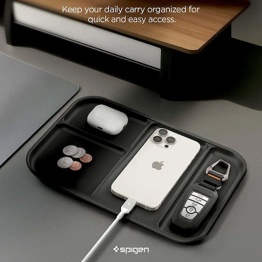 Spigen Ld403 Ahp10136 Organizer Tray with Four Compartments and Phone Holder, Non-Slip Polyurethane Base, Black