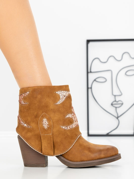 Leather Women's Ankle Boots with Mid Heel Brown