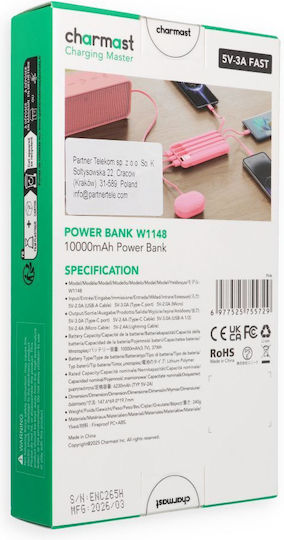 Charmast W1148 Външна батерия 10000mAh с 2 USB-A изходни порта и USB-C изходен порт Розова