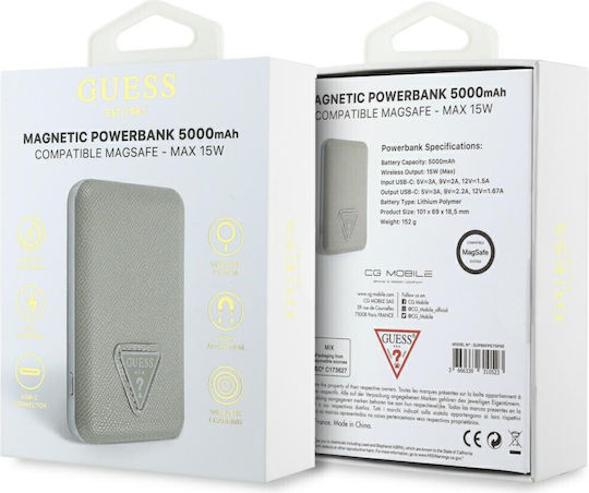Guess Външна Батерия Grained Triangle Logo MagSafe 5000mAh 15W с USB-C Изходен Порт Power Delivery Сива