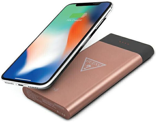 Guess Baterie Externă cu Încărcare Wireless 8000mAh 5W cu 2 Porturi USB-A Rose Gold