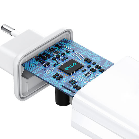 BWOO Încărcător cu Port USB-A și Port USB-C și Cablu USB-C - Lightning 38W Power Delivery Alb