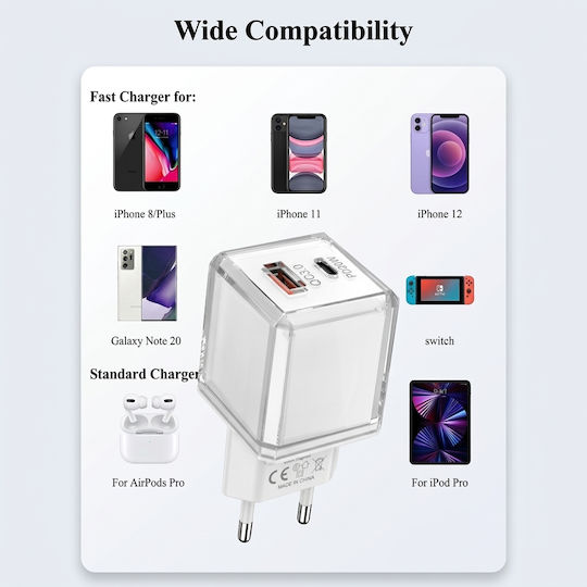 Leewello Зарядно устройство без кабел с USB-A и USB-C порт, 20 W Power Delivery / Quick Charge 3.0, бял (LW-202)