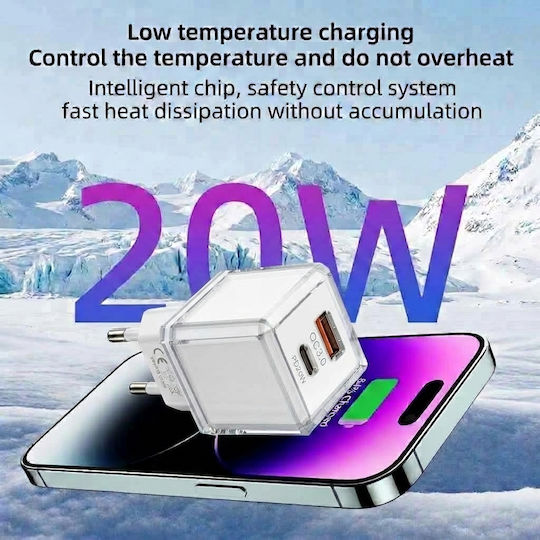 Leewello Зарядно устройство без кабел с USB-A и USB-C порт, 20 W Power Delivery / Quick Charge 3.0, бял (LW-202)