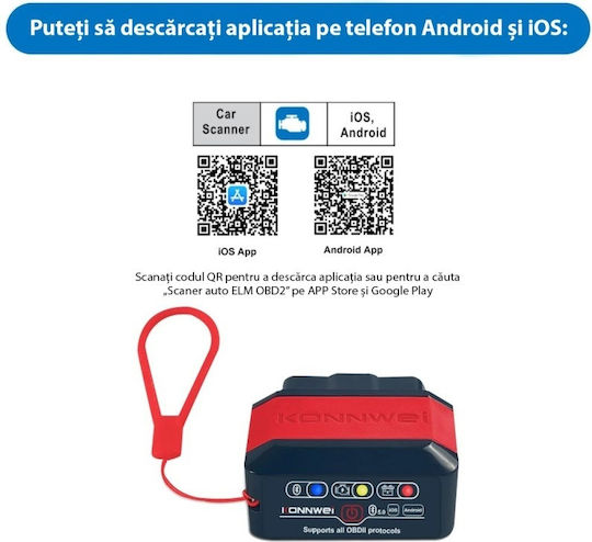 Konnwei Kw905 Auto Diagnosis Obd2 Bluetooth 5.0 On-off Button Compatible Android Ios Elm 327 Obdii Red