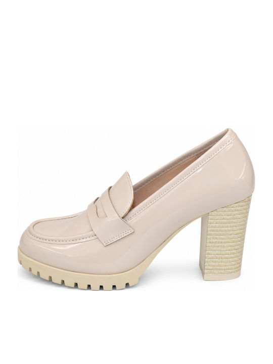 Pumps aus Lackleder mit Chunky Hohem Absatz Beige WD-YL248-27LF-BEIGE