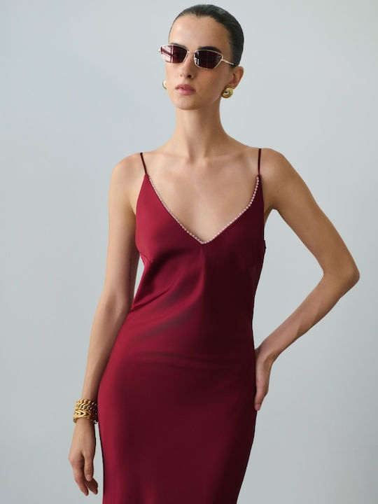 Лятна Дълга Вечерна Сатенена Рокля с Прозрачни Елементи Cherry Red