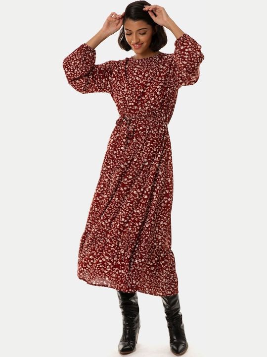 Midikleid mit Blumenmuster und Rüschensaum Burgunderrot Größe XS Burgundy Midikleid mit Blumenmuster und Rüschensaum Burgunderrot Größe XS Burgundy