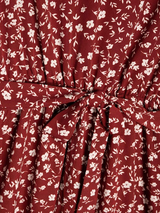 Midi Floral Print Dress with Ruffle Hem Burgundy Size XS Burgundy