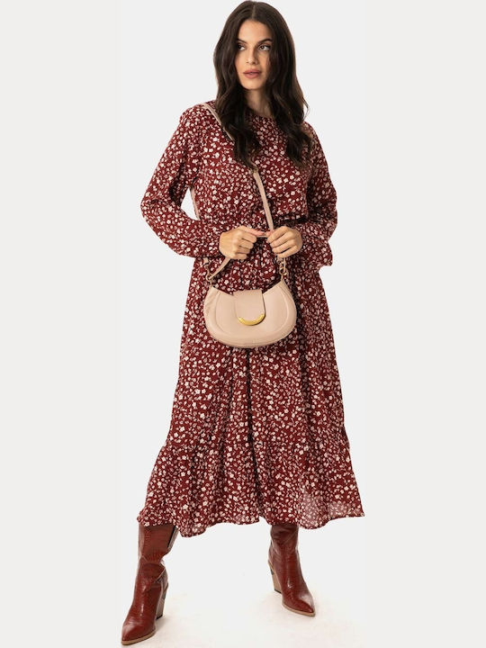 Midi Floral Print Dress with Ruffle Hem Burgundy Size XS Burgundy