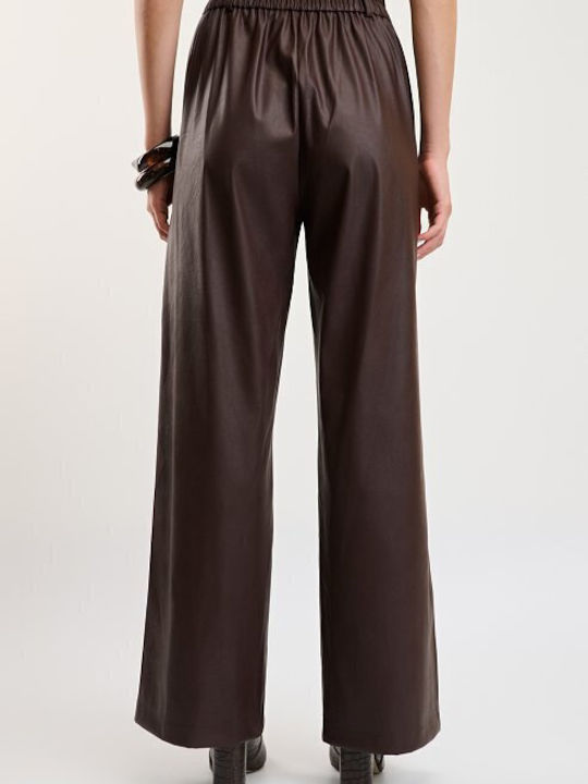Pantaloni Largi Dama din Piele cu Talie Înaltă și Elastic Maro