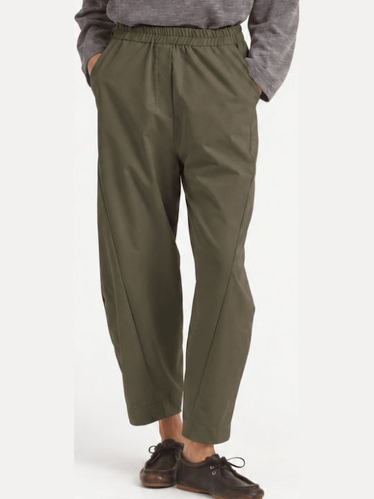 Pantaloni Dama din Material cu Talie Înaltă și Elastic Kaki
