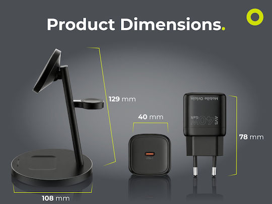 Mobile Origin Încărcător Wireless Qi2 GaN și Cablu USB-C 25W Negru (MO-PWSTQ22-BLK)