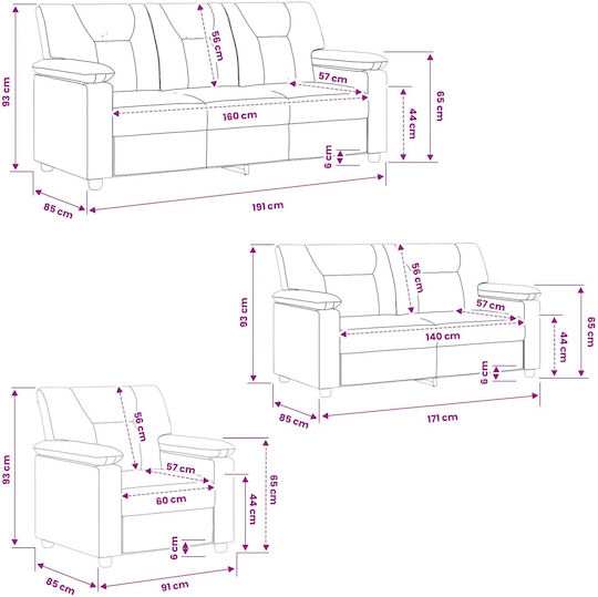 Living Room Furniture Set 3-Seater & 2-Seater & Armchair