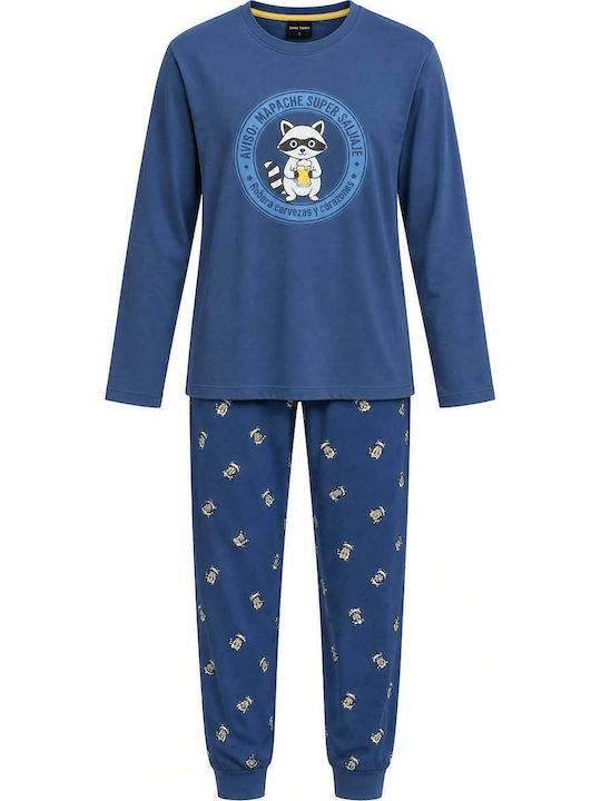 Dark Elephant Pijama Bărbătească de Iarnă din Bumbac Albastră Dark Elephant Pijama Bărbătească de Iarnă din Bumbac Albastră