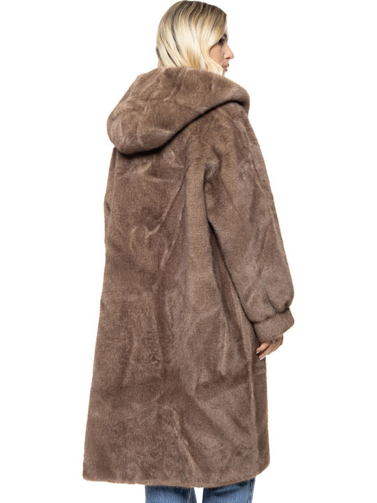 Damenmantel Lt Brown mit Details aus Kunstfell