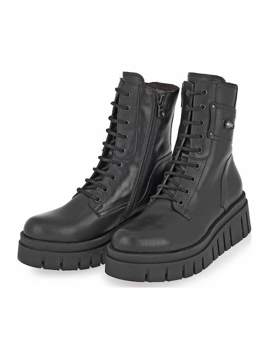 Black Leather Women's Combat Boots with Medium Heel