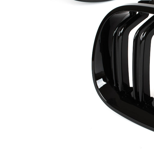 BMW Seria 5 E60 E61 03-10 Grile Între Faruri Tip Rinichi Stânga + Dreapta Set Bare Duble Curbate Negru Lucios