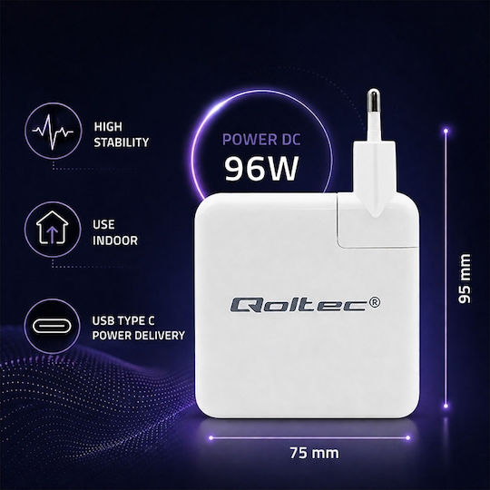 Qoltec Încărcător Universal pentru laptop USB-C de 96 W pentru Apple / Universal și cu set de mufe