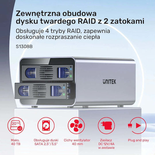 Unitek Raid Enclosure 2.5"/3.5" SATA Hard Drive Case 4 Modes 40TB 5Gb/s