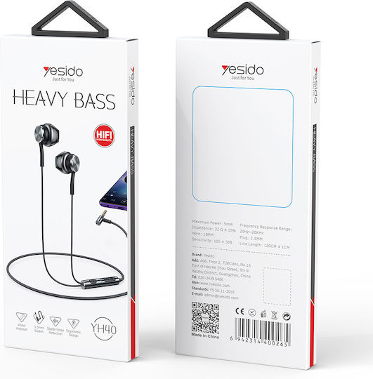 Yesido Yh40 Căști Handsfree In-Ear cu Mufă de 3,5 mm Negre