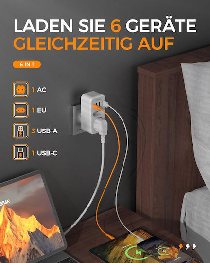 Tessan Μονόπριζο 2 Θέσεων με 3 USB-A και 4 USB-C