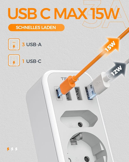 Tessan Μονόπριζο 2 Θέσεων με 3 USB-A και 4 USB-C