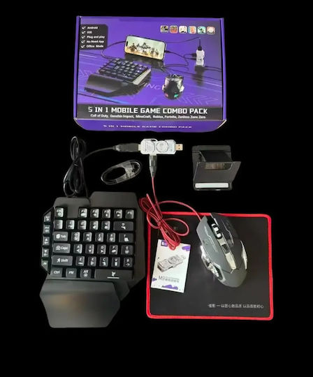5 In 1 Mobile Gaming Combo Pack – Rgb Mini Gaming Keyboard Gaming Mouse Mobile Holder & Gaming Adapter Android & Ios