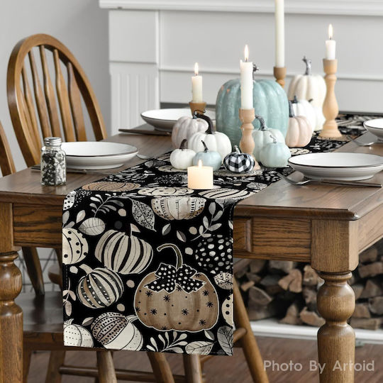 Decorative Autumn Table Runner Black Leaves Pumpkins 40x140 Cm