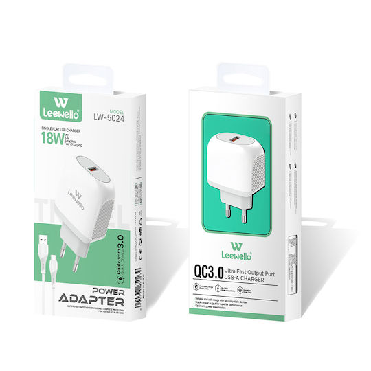 Leewello Зарядно устройство с USB-A порт и USB-C кабел 18 W Quick Charge 3.0 Бял (LW-5024)