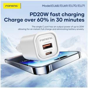 Foneng Ladegerät mit USB-A-Anschluss und USB-C-Anschluss und USB-C-auf-Lightning-Kabel 20 W Power Delivery / Quick Charge 3.0 Weiß (EU70)