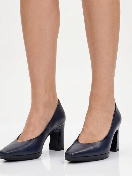 Blue Leather Pumps with Chunky High Heel