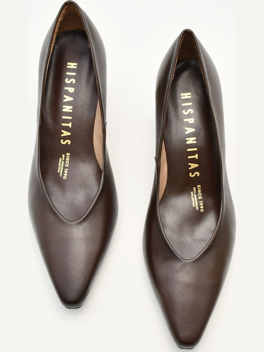 Leather Pointed-Toe Pumps with Chunky High Heel Brown