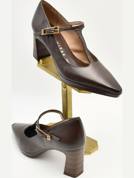 Brown Leather Pointed-Toe Pumps with Strap & Chunky High Heel