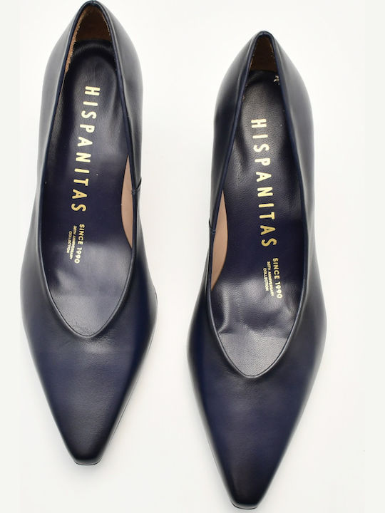 Blue Leather Pumps with Chunky High Heel