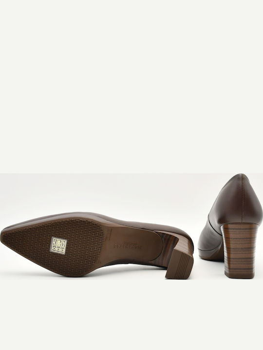Leather Pointed-Toe Pumps with Chunky High Heel Brown