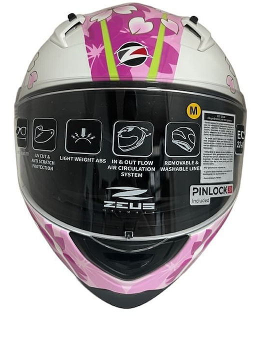Zeus 821E Pink Flowers Full Face Motorcycle Helmet ECE 22.06