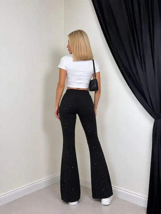 Damen-Stoffhose mit hohem Bund und ausgestelltem Bein in Slim Fit Schwarz