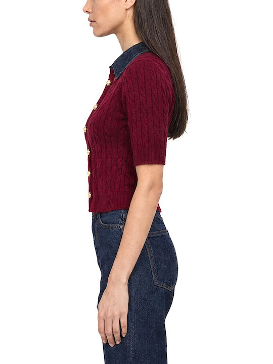 Short Women's Knitted Cardigan with Buttons Burgundy