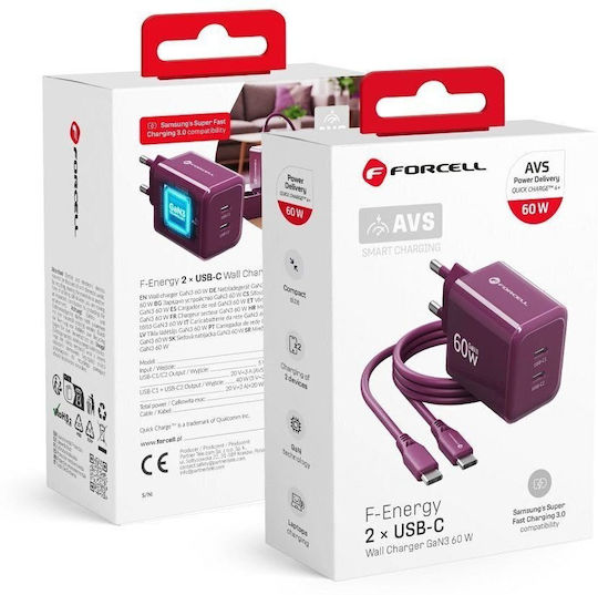 Forcell GaN Charger With USB-C Port And USB-C - USB-C Cable 60W Power Delivery Purple (VT-60)