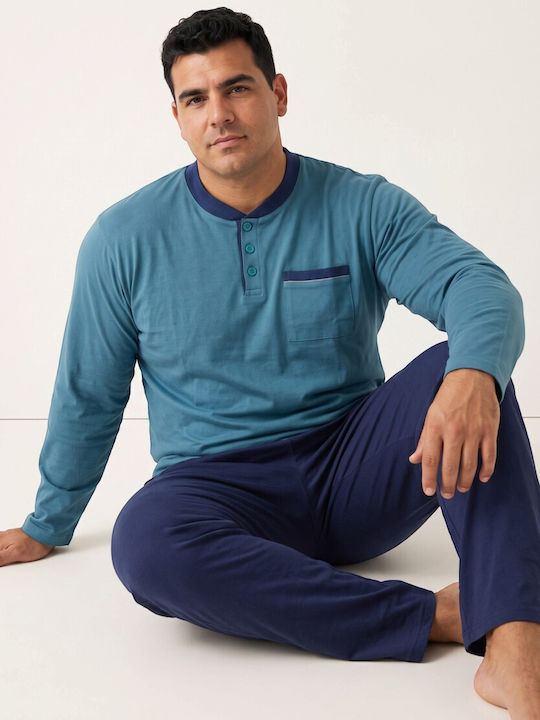 Ανδρική Plus Size Πιτζάμα Collection Comfort Henley Φούτερ Ελληνικής Κατασκευής Πετρόλ Cl27101-65-πετρόλ