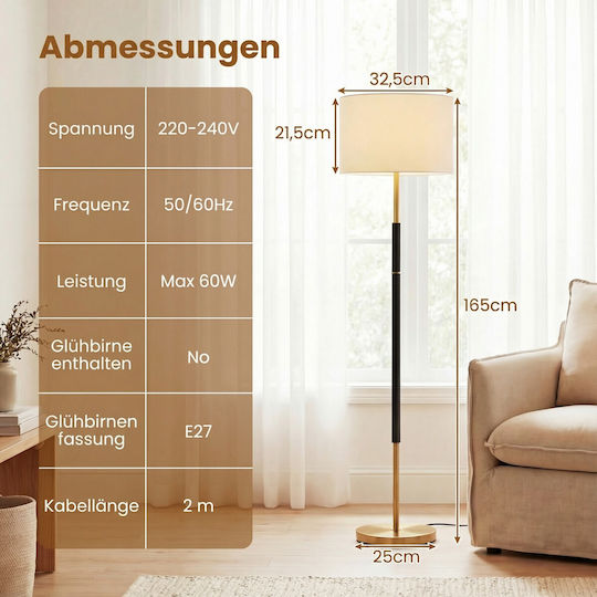 Costway Floor Lamp H165xL25cm with E27 Bulb Socket Black