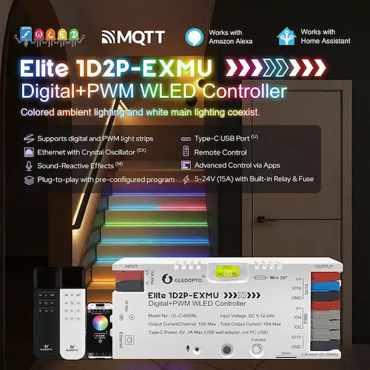 Gledopto Elite 1d2p-exmu Digitaler + PWM-WLED-Controller – Vierkanaliger RGBIC-LED-Controller mit Mikrofon, USB-C, ESP32, Wi-Fi und Ethernet GL-C-620WL