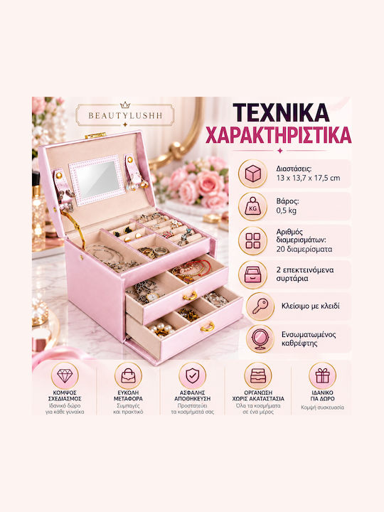 Beautylushh Cutie Pentru Bijuterii cu Sertar și Oglindă Roz 13x13.7x17.5cm