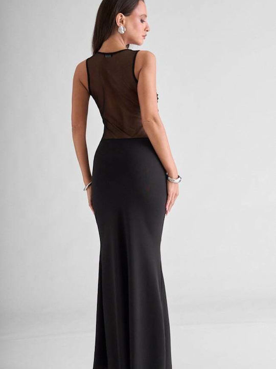 Maxi Evening Dress with Mesh Black