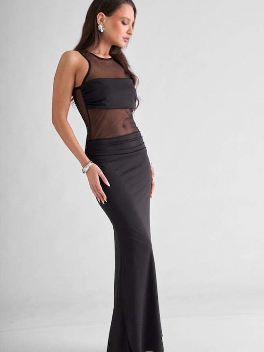 Maxi Evening Dress with Mesh Black