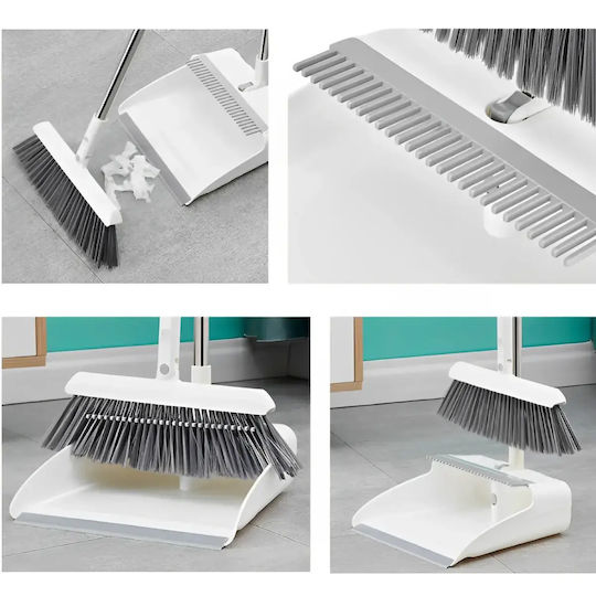 Broom Dustpan Set Foldable Handle Metal Plastic Home Cleaning White Grey
