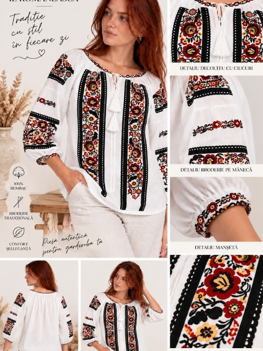 Bluză Damă din Bumbac White/Dark Black